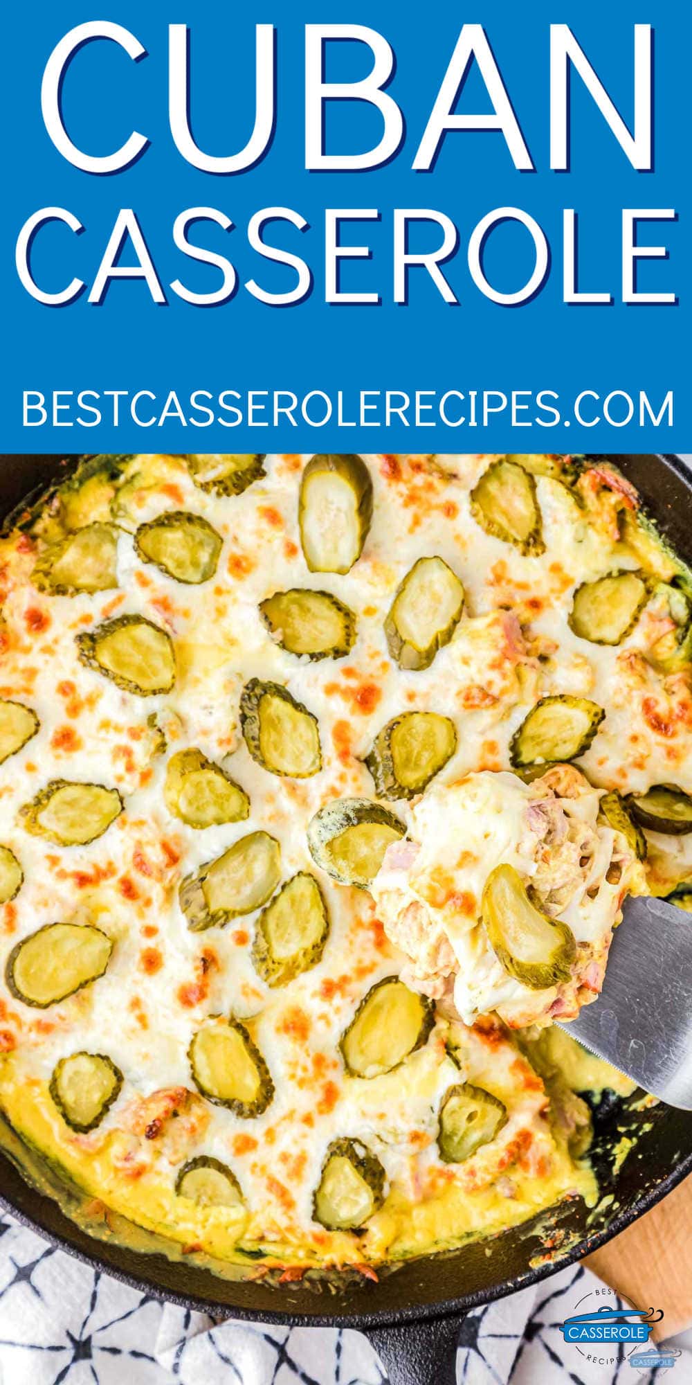 casserole with blue banner and white text