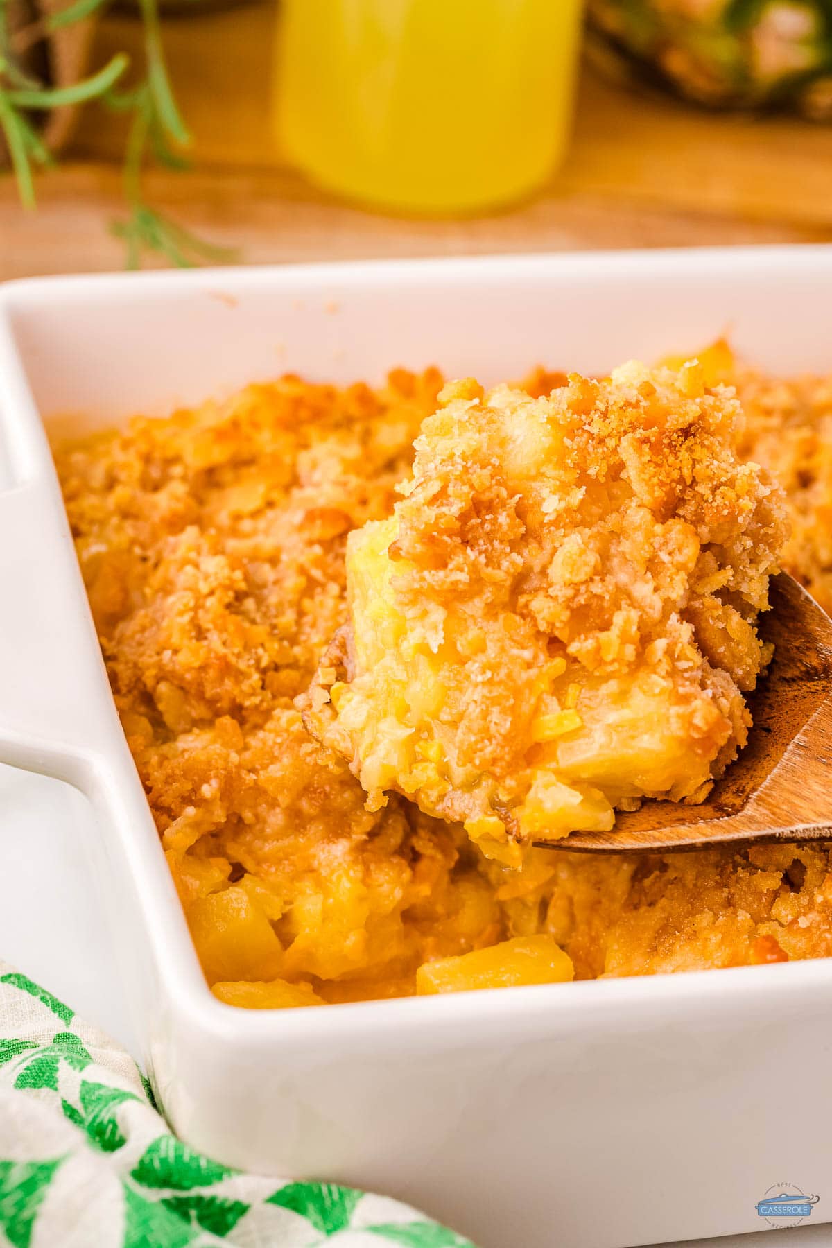 pineapple casserole in a white dish