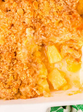pineapple casserole in a white dish