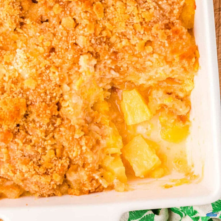 pineapple casserole in a white dish