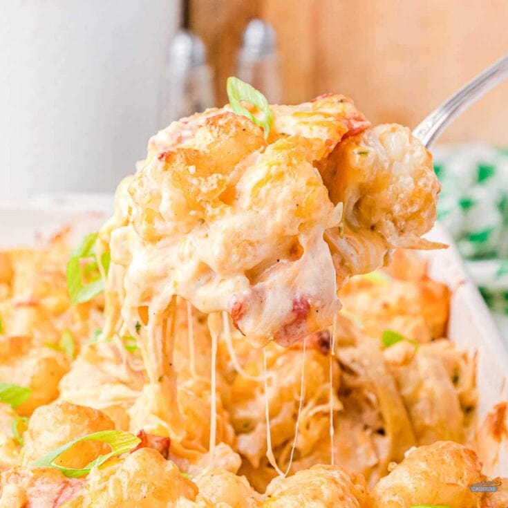 scoop of chicken tater tot casserole over a dish