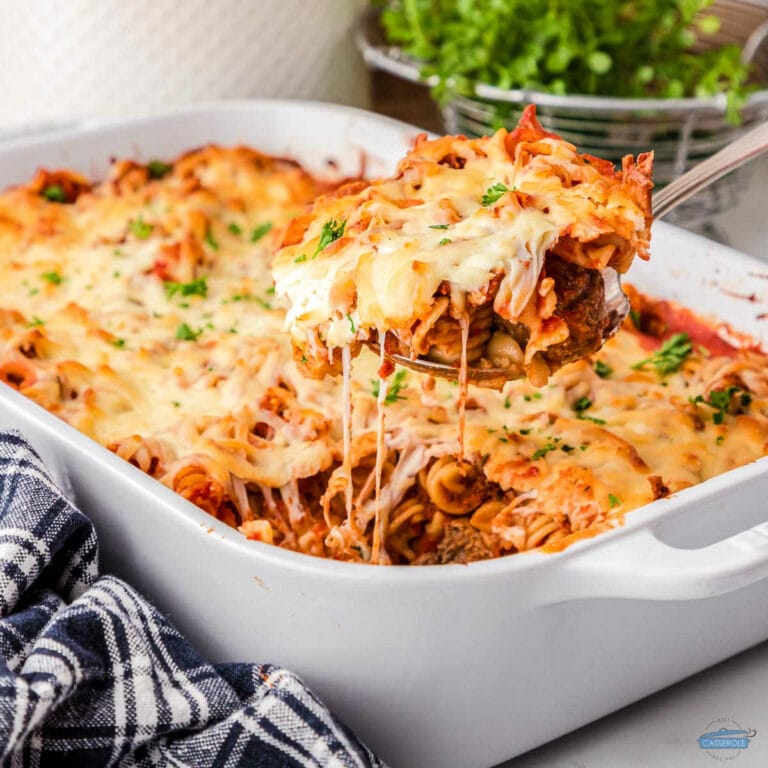 meatball casserole with pasta in a spoon