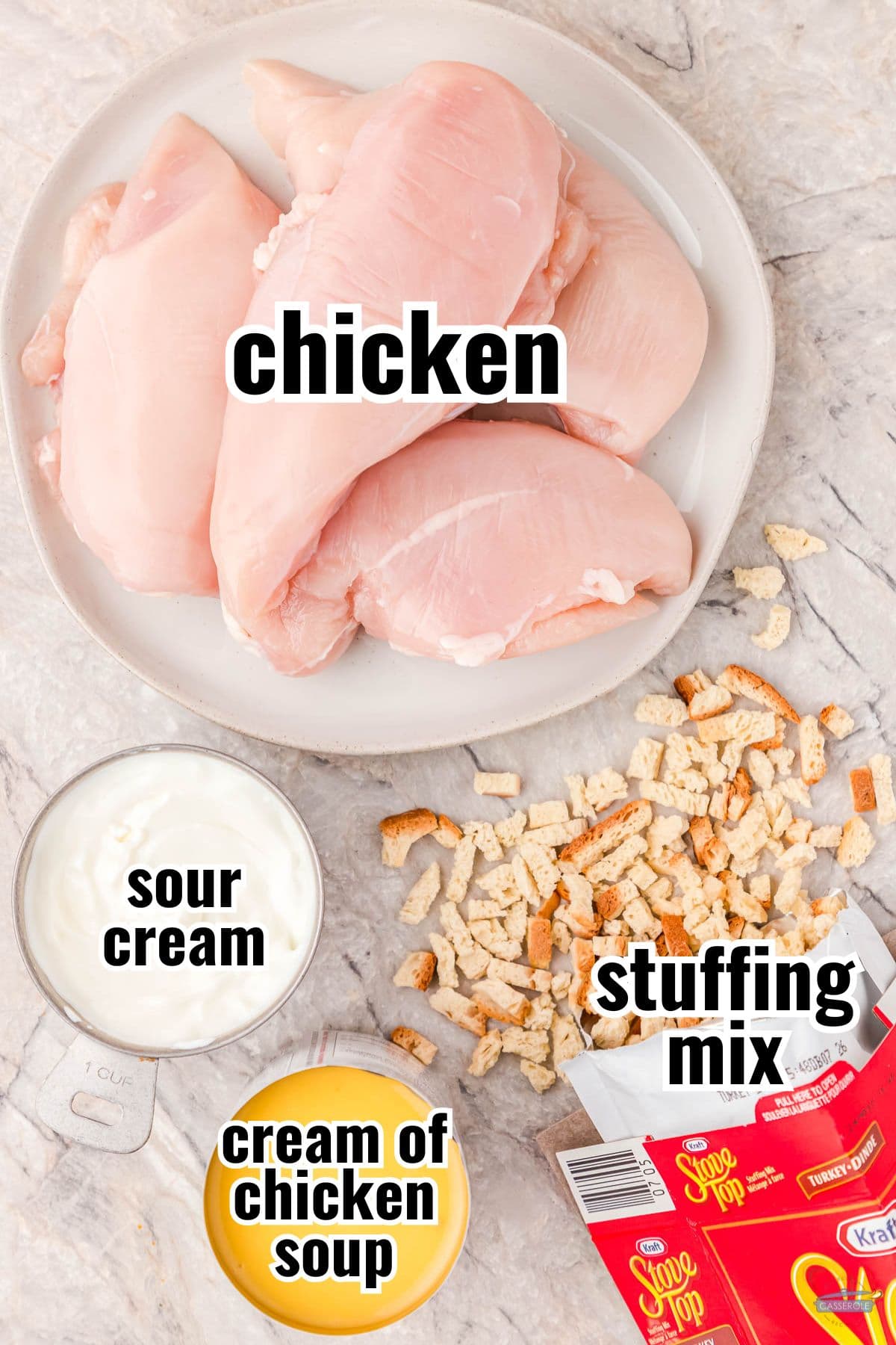 labeled ingredients for chicken and stuffing recipe