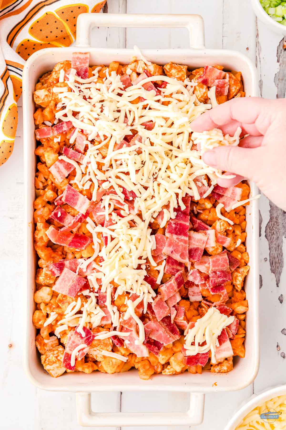 cheese and bacon on top of casserole