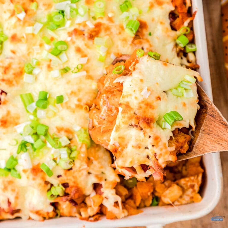 buffalo chicken potato casserole with wood spoon