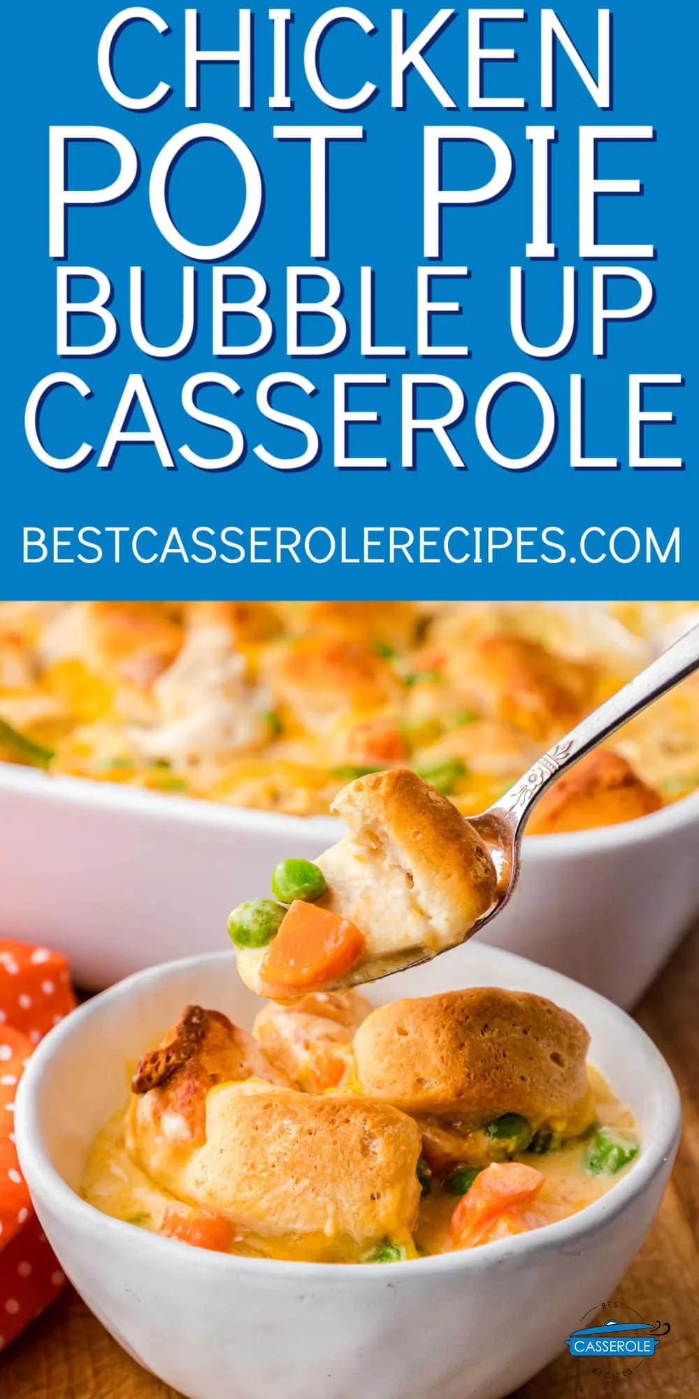 spoon of casserole with a blue banner and text