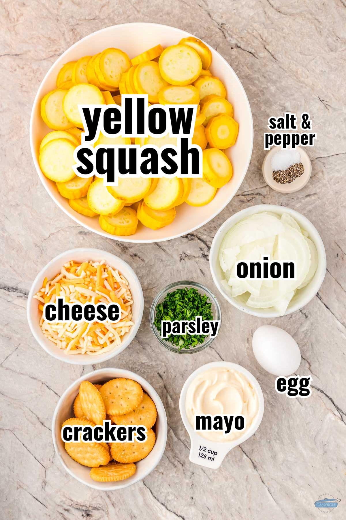 labeled ingredients for a squash casserole