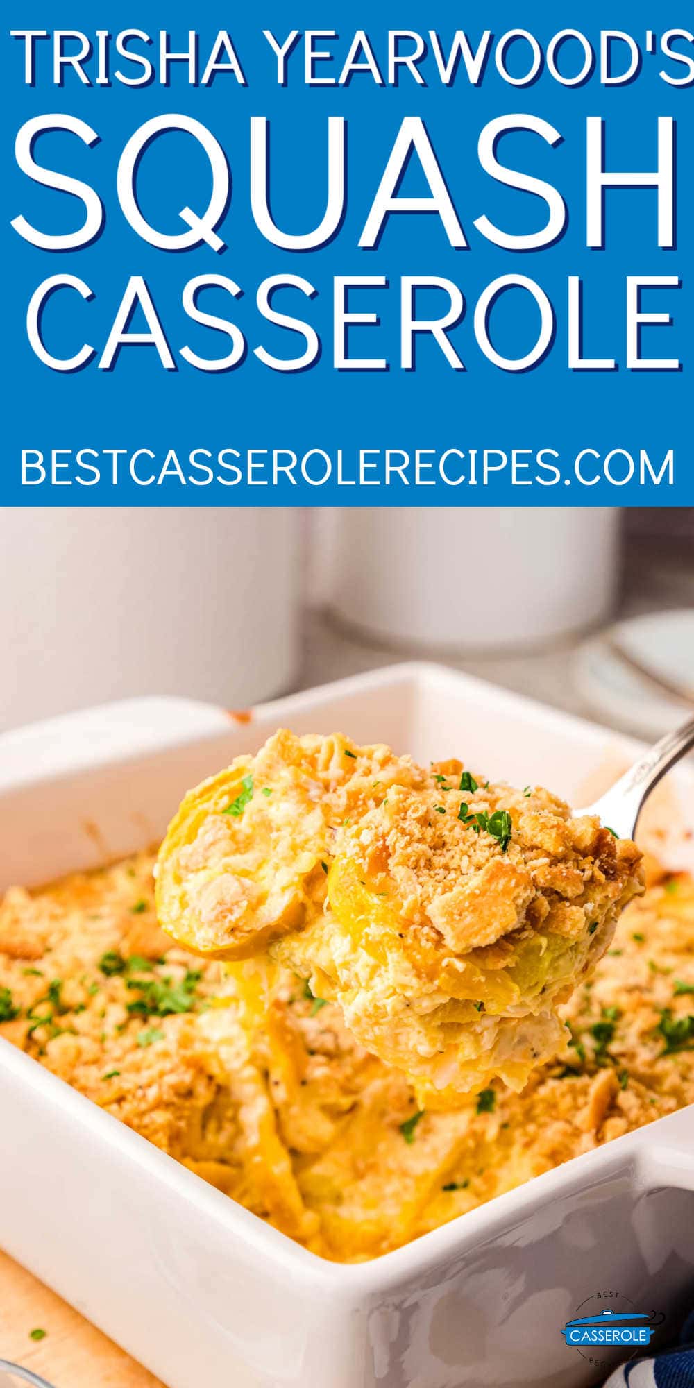 scoop of squash casserole with blue banner and white text