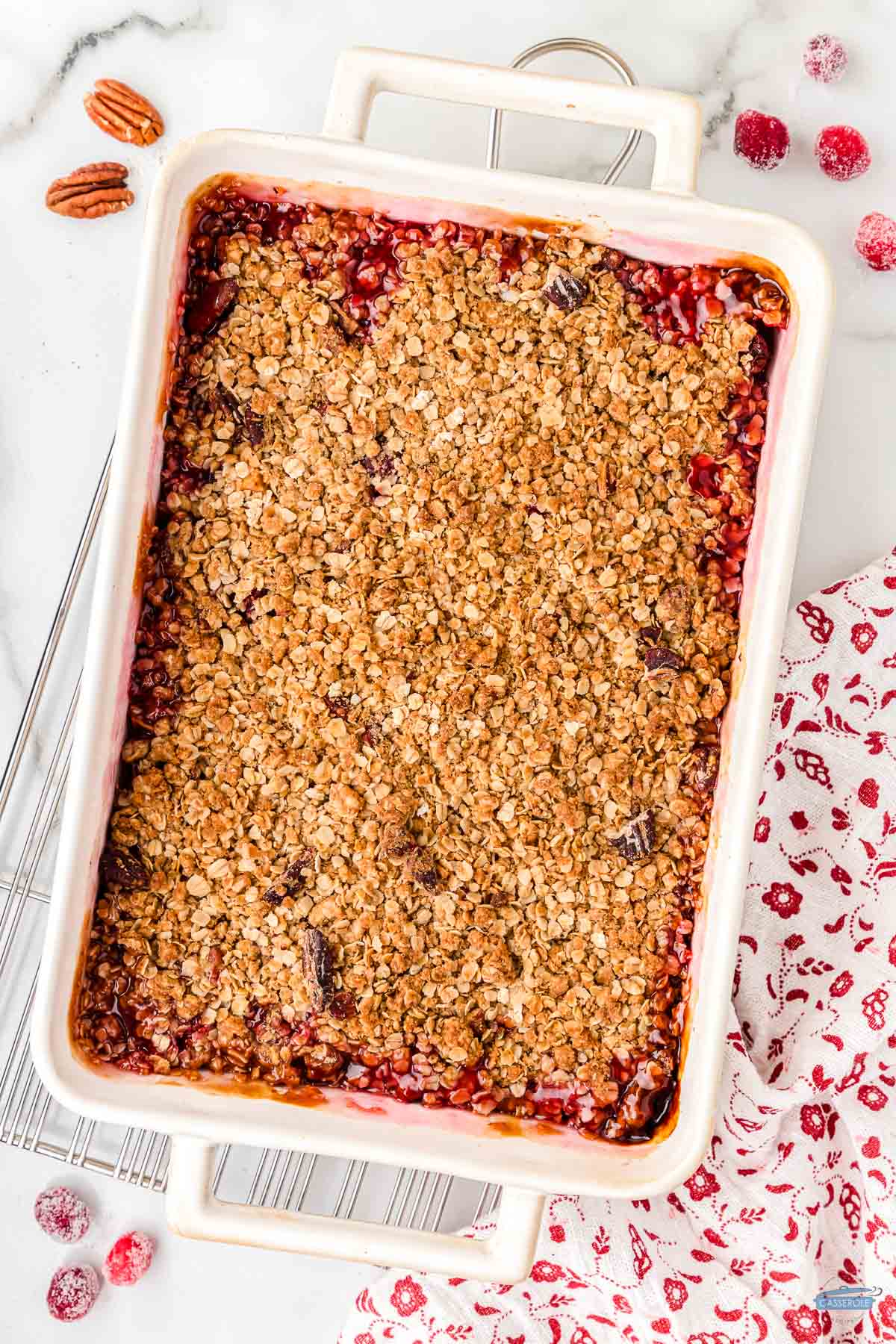 baked cranberry casserole in a white baking dish