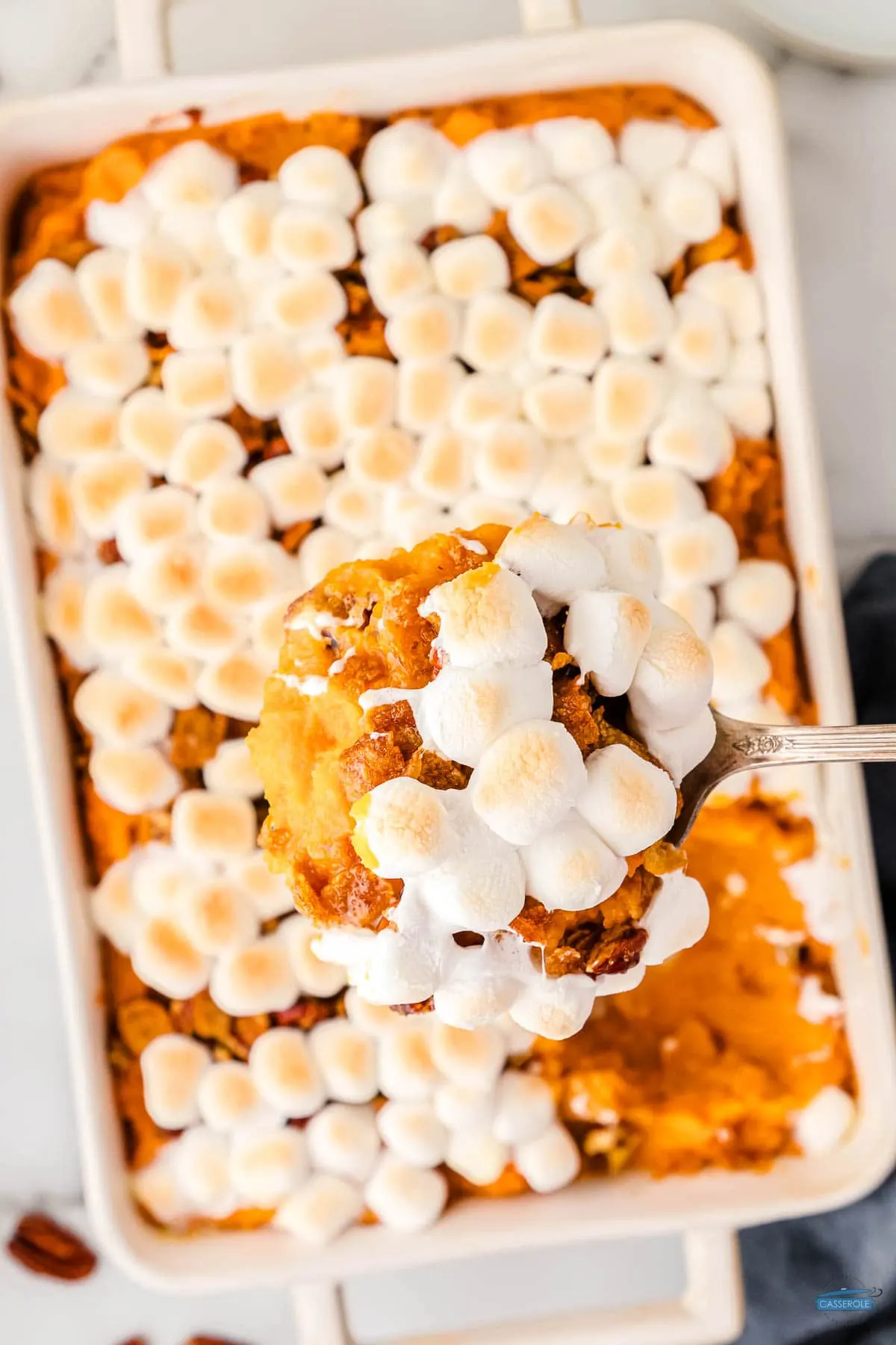 scoop of sweet potato casserole which is the perfect side dish for Easter dinner
