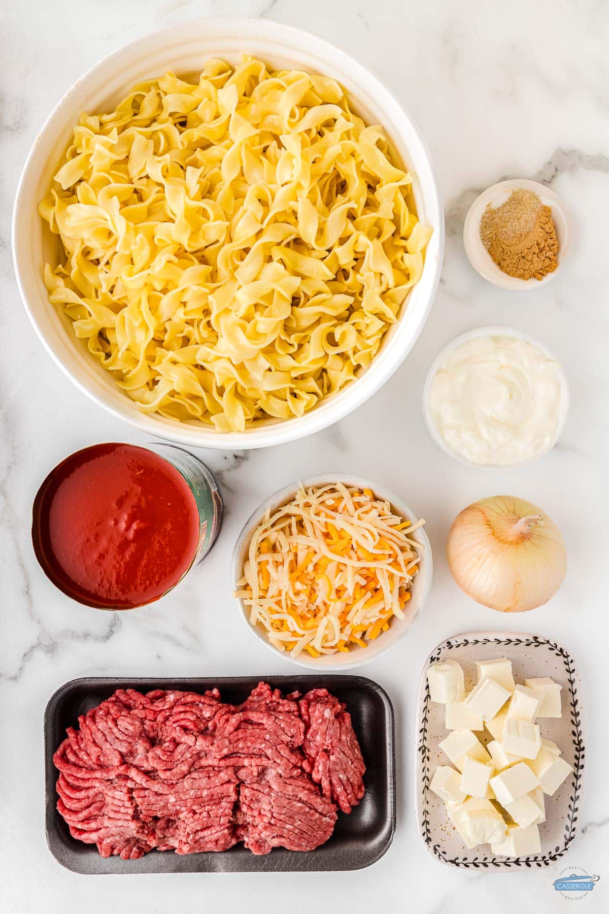 a cooked package egg noodles, package cream cheese, and spices to make an easy dinner recipe