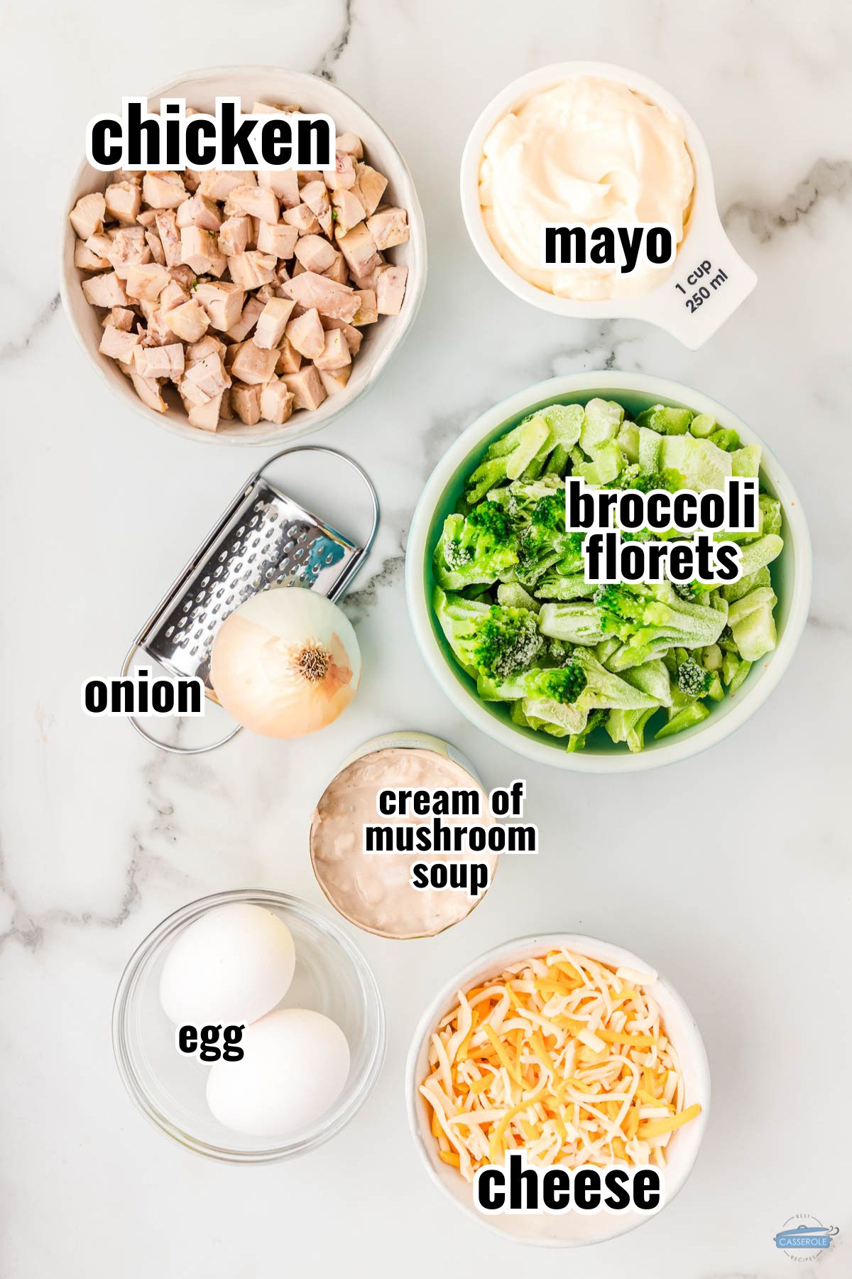 labeled picture of chicken casserole ingredients