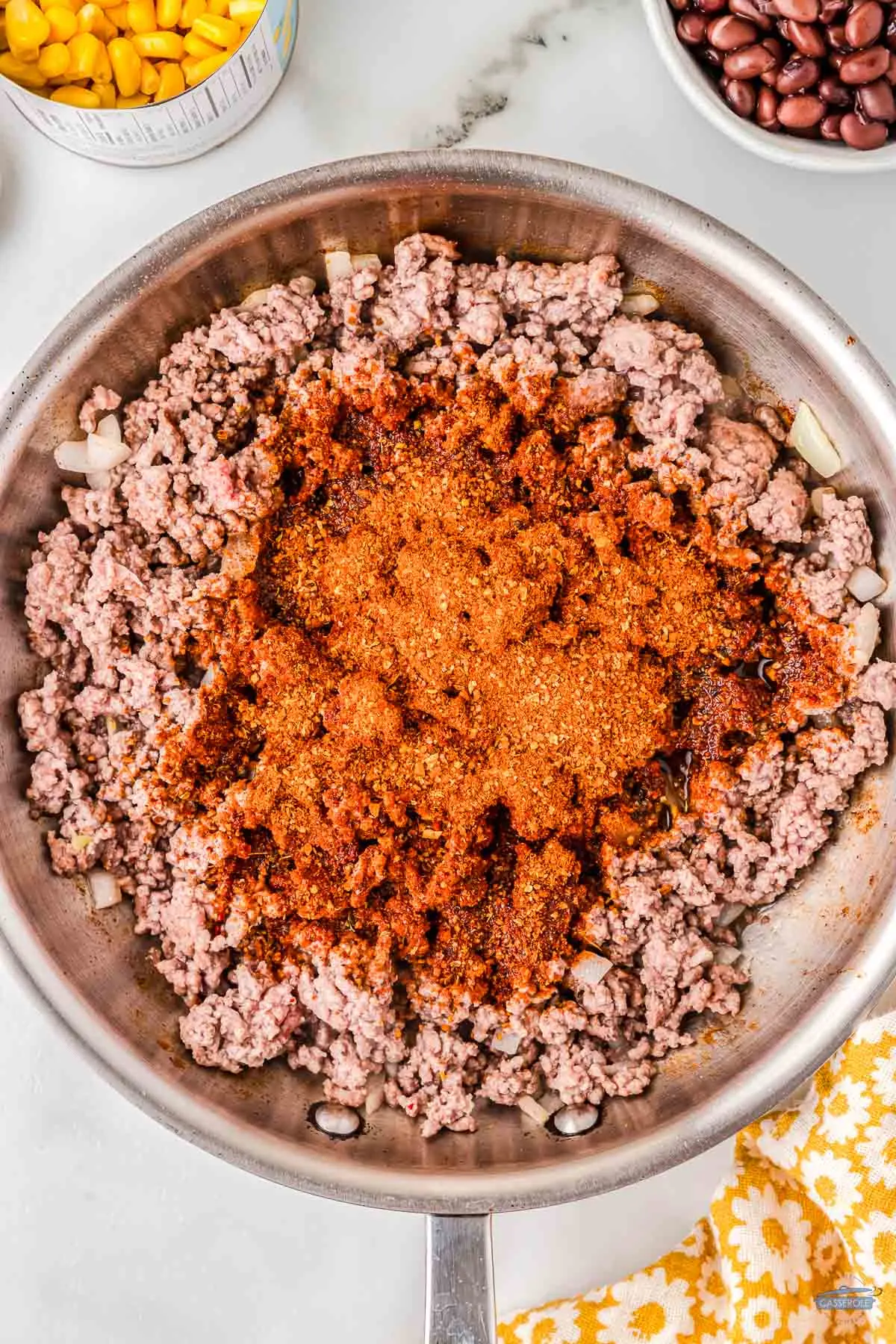 ground beef and taco seasoning in a pan