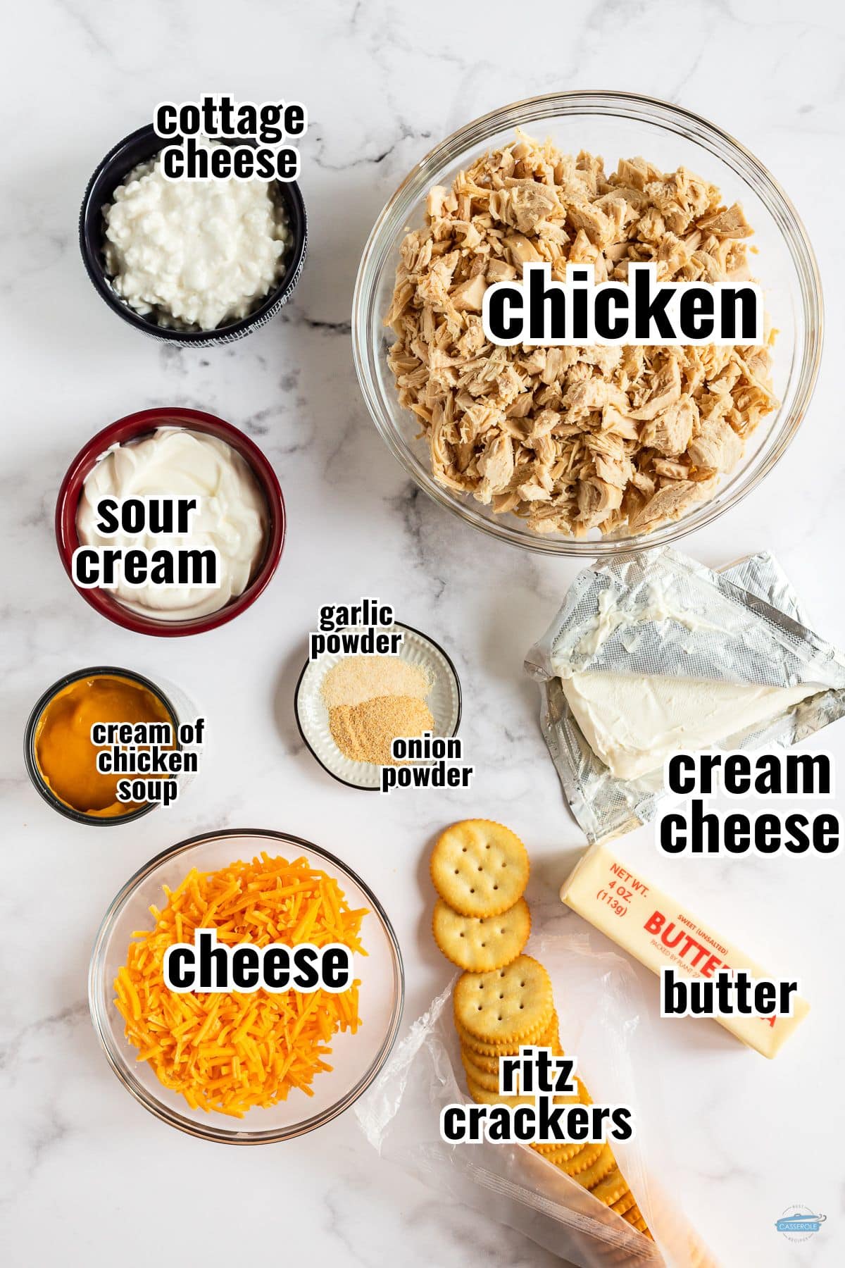 labeled ingredients for chicken casserole