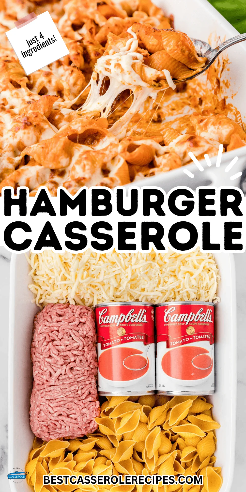 collage of easy hamburger casserole ingredients
