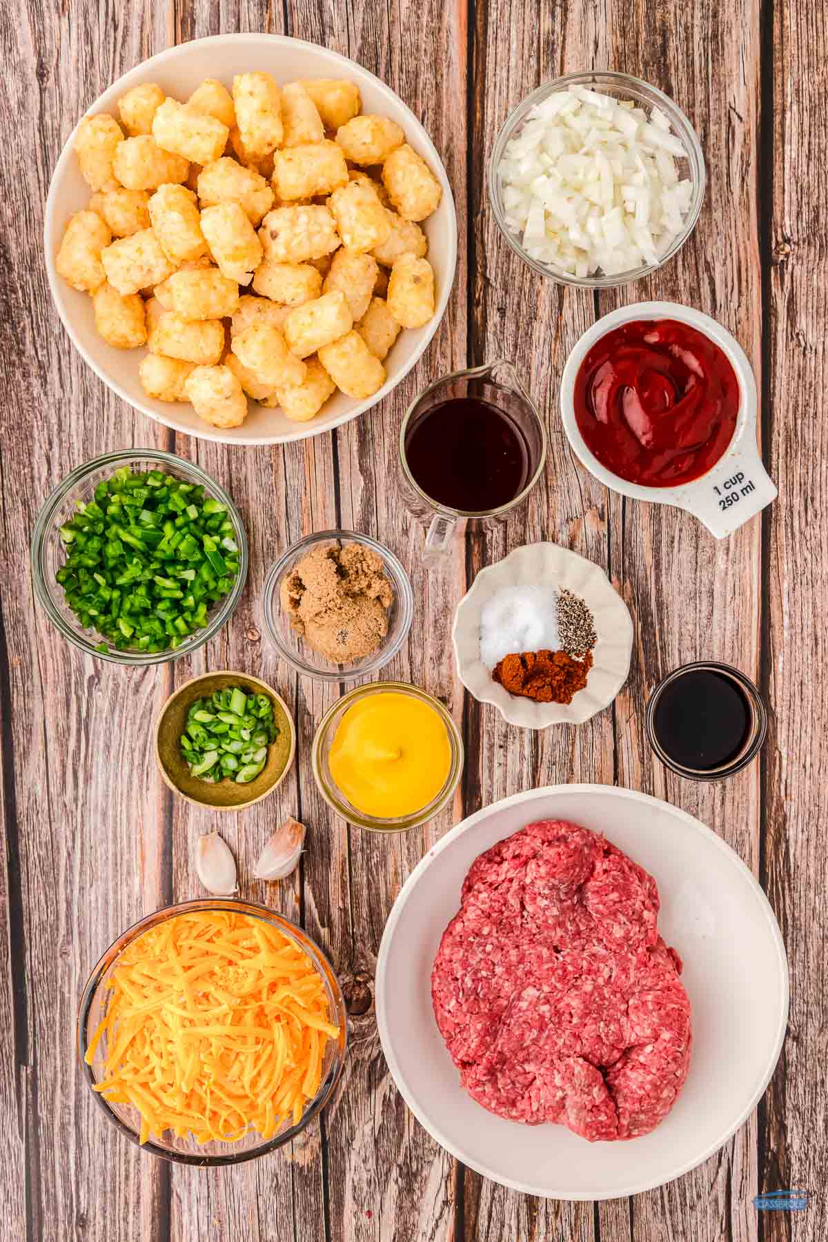 ingredients for a hearty casserole in individual bowls