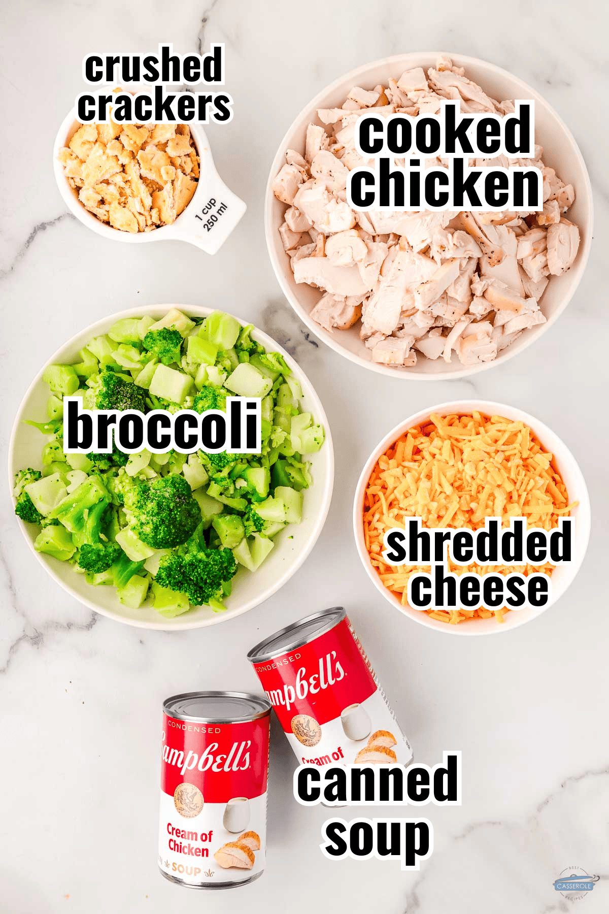 casserole ingredients like a can of cream of chicken soup, shredded cheese, frozen broccoli, and chicken.