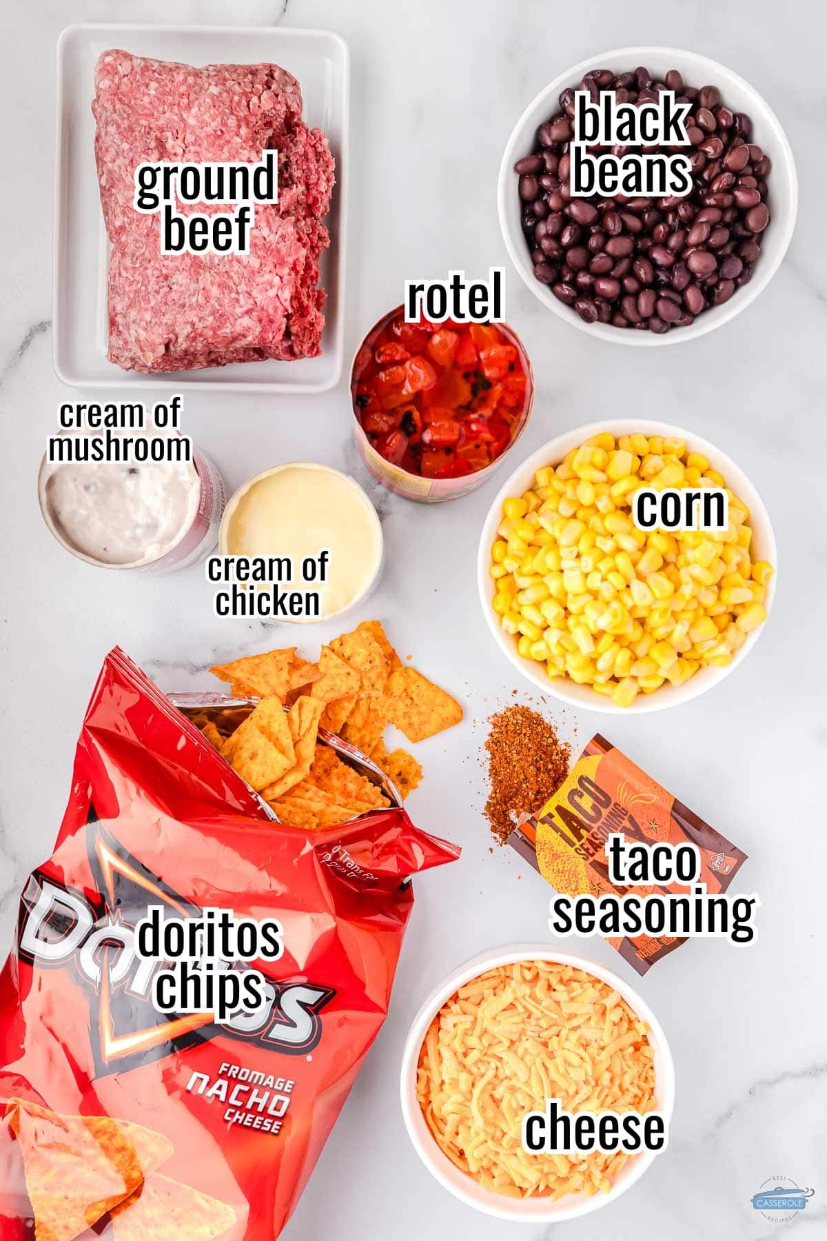 ingredients that include a packet of taco seasoning, ground beef, and a bag of Doritos