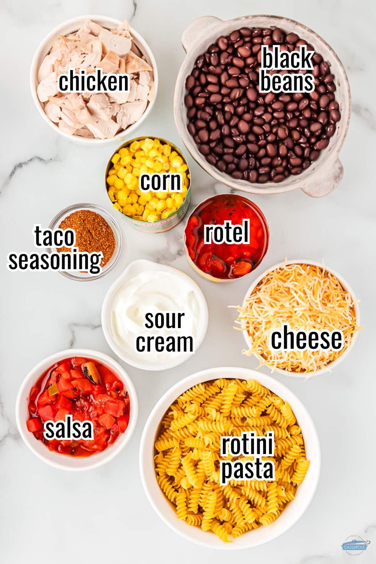 ingredients for fiesta chicken casserole in individual bowls