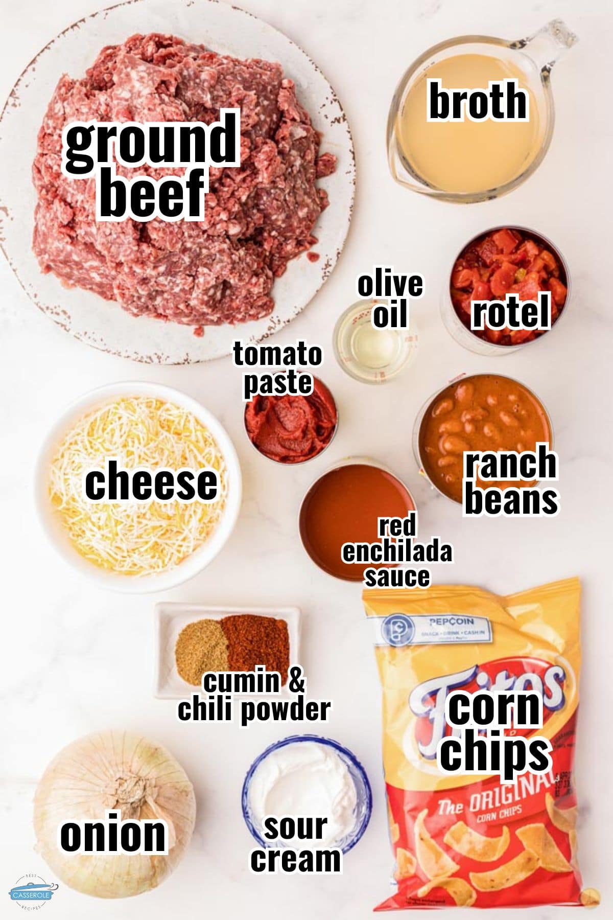 labeled ingredients for frito pie casserole