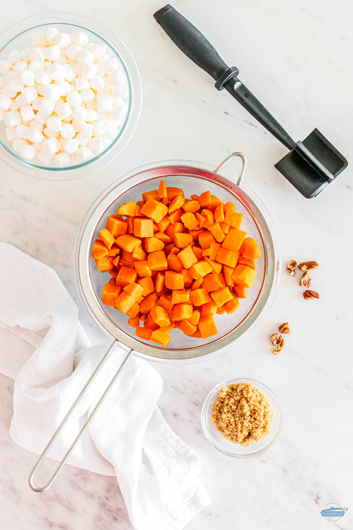 diced sweet potatoes in a colander