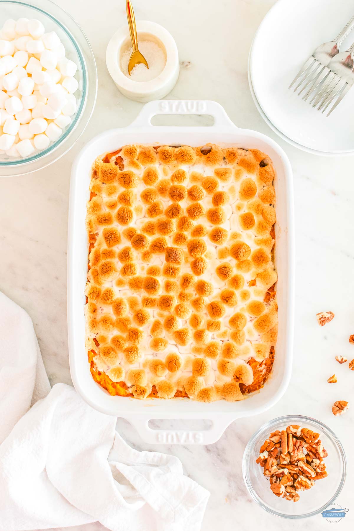 baked sweet potato casserole on a counter