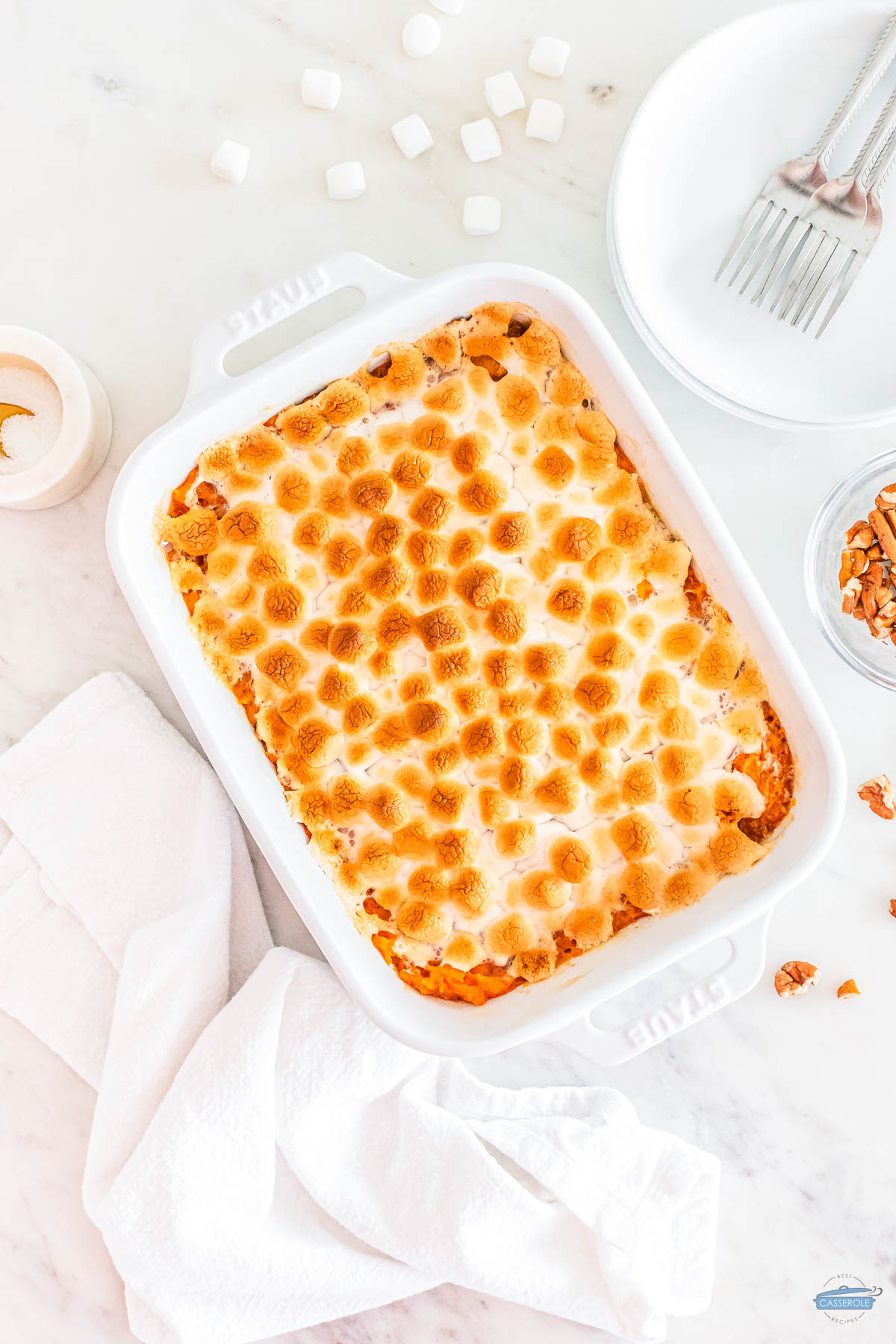 overhead picture of baked sweet potato casserole