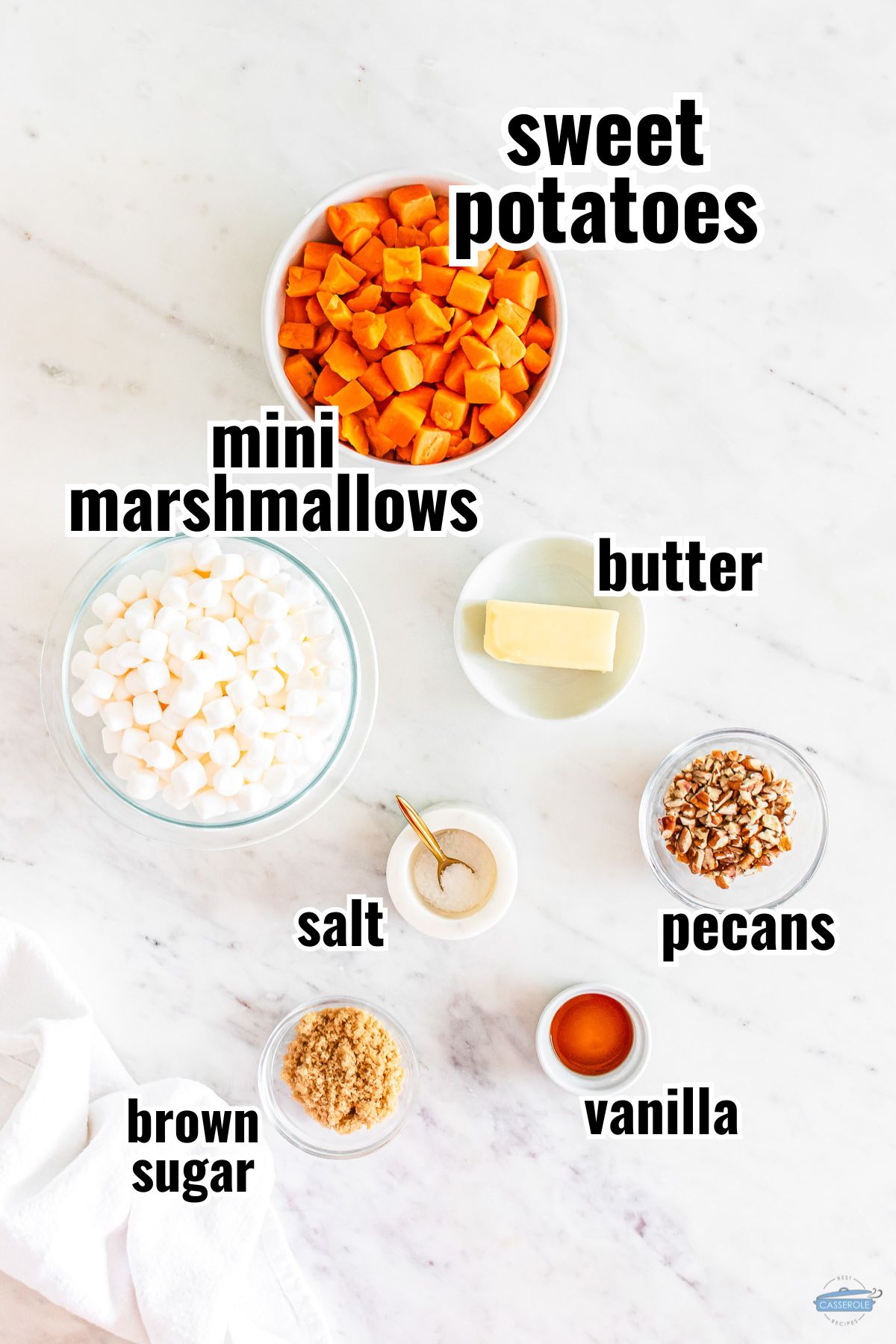 labeled ingredients for sweet potato casserole