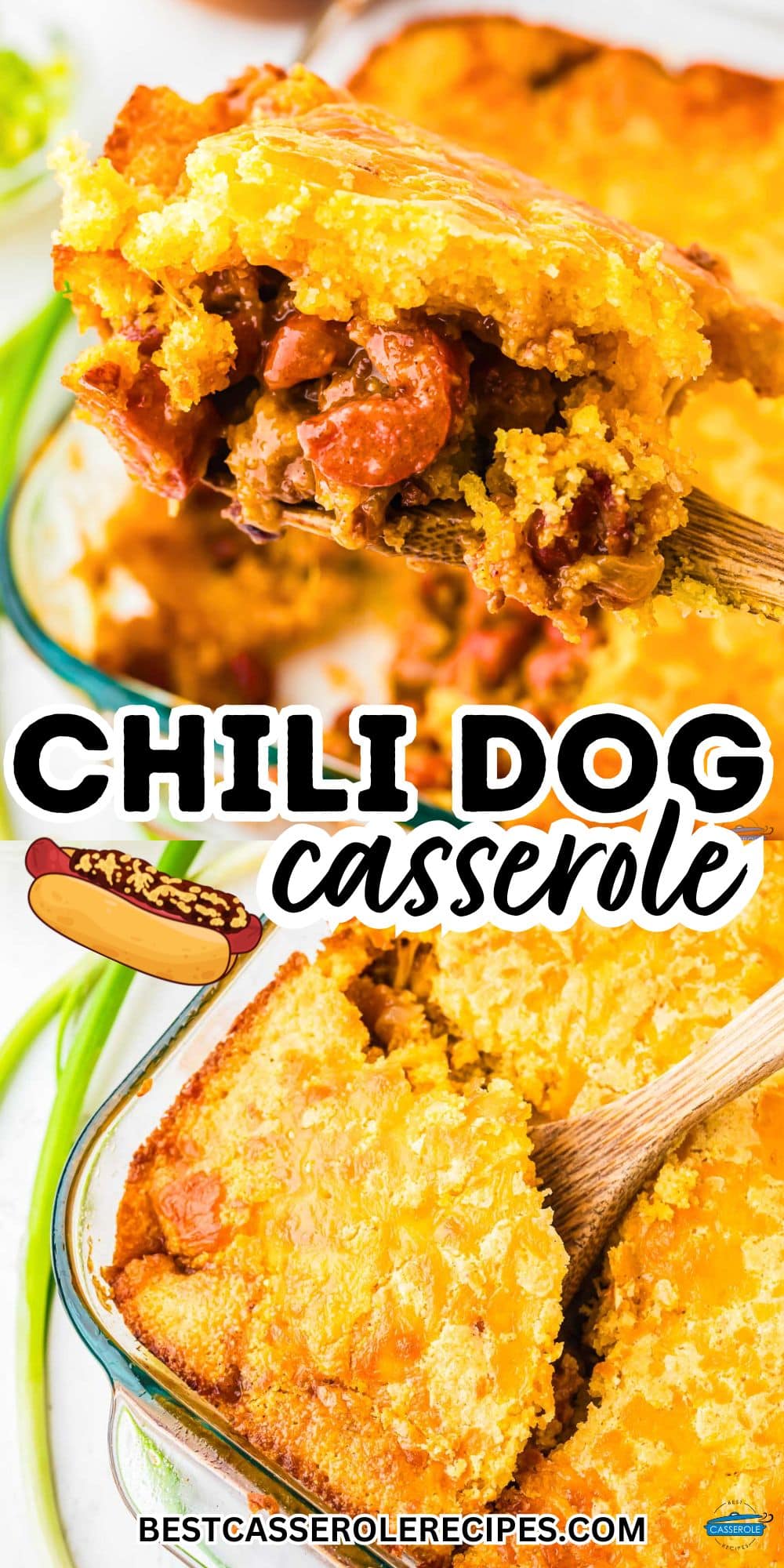 pinterest pin image for chili cheese dog casserole